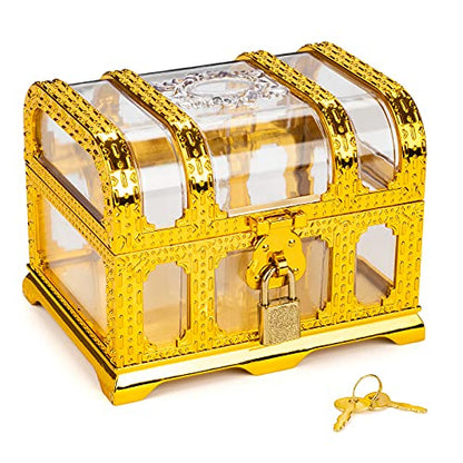 Treasure Chest with Lock and Key,Pirate Theme Party Favors for Kids,Transparent Golden Pirate Chest - color: transparent golden chest 2