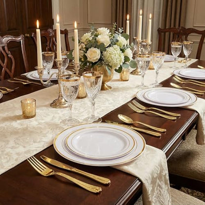 Supernal 400pcs Gold Plastic Plates for 50 Guests Heavy Duty Disposable Party Plates, 200 Gold Plastic Silverware, Linen Napkins, Clear Cups For Valentine's Day Mother's Day and Easter - color: 400pcs White and Gold Plastic Dinnerware