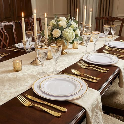 Supernal 102pcs White and Gold Plastic Plates,Disaposable Plates Heavy duty,Fancy Gold Plastic Dinnerware Set included 51 Dinner & Dessert Plates for Valentine's Day Mother's Day and Easter - color: 102pcs White and Gold Plastic Plates