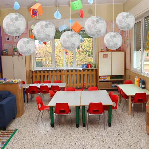 Baquler 12 Pcs 12" Back to School Moon Lanterns Classroom Ceiling Hanging Decoration Space Moon Party Birthday Decorations Decorative Grey Hanging Ball Paper Lanterns for Room Classroom Party