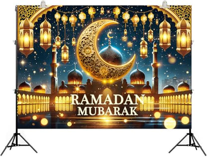 Ramadan Mubarak Backdrop Golden Crescent Moon Lanterns Mosque Banner Eid Mubarak Celebration Ramadan Decorations for Home Booth Prop (8x6FT) - size: 8x6FT