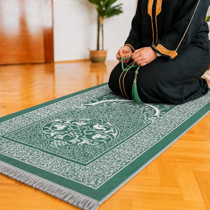 Muslim Prayer Rug with 99-Bead Tasbih, Soft Islamic Prayer Mat Sajadah for Daily Salah, Ramadan Eid Gifts for Men Women, Foldable Janamaz Prayer Rug - color: Dark Green