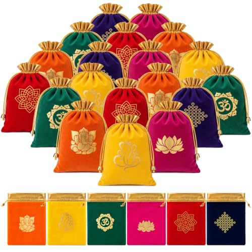 Kacctyen 48 Pcs Indian Return Gift Bags Bulk Traditional Potli Bags for Jewelry 6.7 x 9'' Kolam Print Farbic Return Gift Pouch with Drawstring for Pooja Diwali Housewarming Wedding Party Favor - color: Classic, size: 1 Count (Pack of 48)