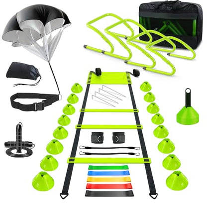 Haootadiy Agility Training Equipment, Football Training Equipment Includes 20FT Agility Ladder,4 Adjustable Agility Hurdles, 12 Football Cones, Parachute, for Training Soccer Basketball Athletes - color: GREEN