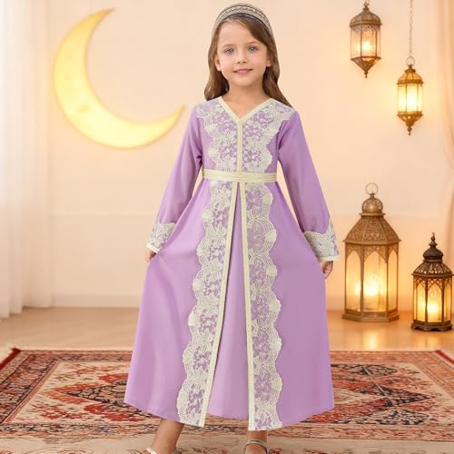 FYMNSI Kids Girls Muslim Abaya Dress Modest Lace Belted Prayer Dress Islamic Maxi Robe Kaftan Ramadan Arabian Dubai Clothes - color: Purple, Pink, size: 4-5T