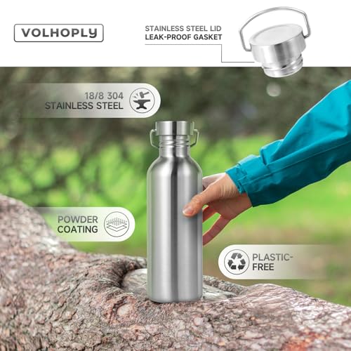 Volhoply 32oz Uninsulated Single Walled Water Bottle, Stainless Steel Sports Water Bottles with Handle, BPA Free Lightweight Water Bottles for Hiking, Biking, Running（Silver,1） - color: silver
