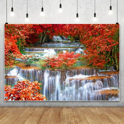 AOFOTO 12x8ft Falls Backdrop Cascades Photography Background Waterfall Nature Landscape Travel Adult Man Artistic Portrait Autumn Red Leaves Scenic Photo Shoot Studio Props Video Drop Wallpaper Drape - size: 12x8ft
