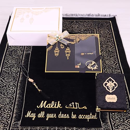 IEF Personalized Wedding Gifts Prayer Mat, Eid Gifts Quran Prayer Beads Set Birthday Gifts for Women Mother's Day Gifts Anniversary Gift Chenille Prayer Rug Pearl Prayer Beads Arabic Quran (Black) - color: Black