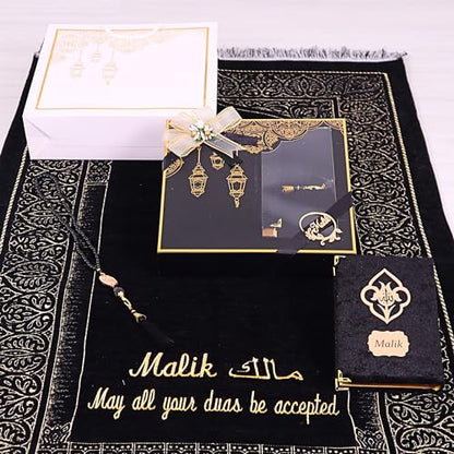 IEF Personalized Wedding Gifts Prayer Mat, Eid Gifts Quran Prayer Beads Set Birthday Gifts for Women Mother's Day Gifts Anniversary Gift Chenille Prayer Rug Pearl Prayer Beads Arabic Quran (Black) - color: Black