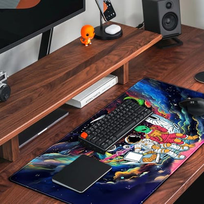 Funny Space Mouse Pad Desk Mat Astronaut Alien Large Gaming Mouse Pads Anime Desk Pad Mousepad XXL Cool Trippy Universe Extended Keyboard Mat with Stitched Edges Anti-Slip, 31.5 X 15.8 in - color: Blue Nebula