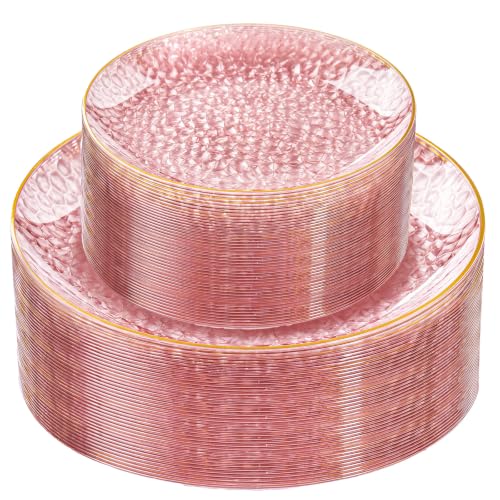 Rubtlamp 60Pcs Pink Plastic Plates,Clear Pink Plates With Gold Rim,Hammered Gold Plates Include 30Pink Plastic Dessert Platos, 30Gold Dinner Platos For Party - color: Clear Gink Gold