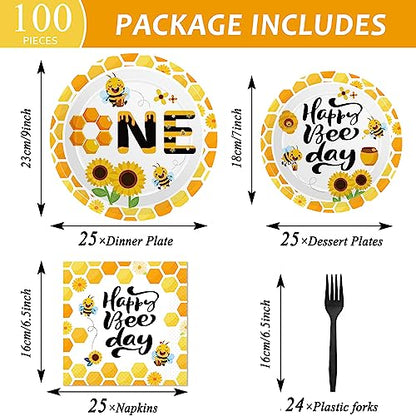 Qyeahkj 100 Pcs Bee 1st Birthday Party Supplies Paper Plates and Napkins Set Disposable Bee First Birthday Tableware Decorations for Bees Theme Baby Shower Serves 25 - style: Bee 1st