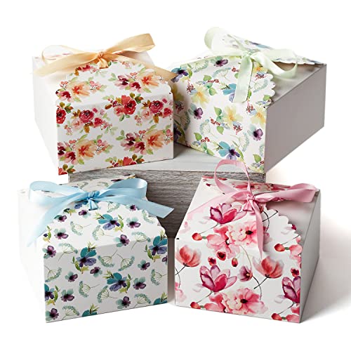 Floral Gift Boxes with Lids & Ribbons, 20 Pack, 5.8” x 3.7” Decorative Small Treat Boxes for Gift Giving, Cookie Tins, Mithai Indian Sweets, Candy, Christmas, Diwali, Favors, Baked Goods, Empty, Bulk - color: White Floral