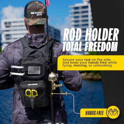 Beyond Fishing Tackle Backpack- The Voyager Tactical Fishing Storage Bag - Lightweight & Compact Bag For Fishing - color: All Black