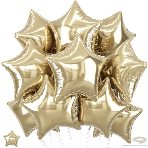Gold Star Foil Balloons, 18 Inch Light Gold Stars Shape Foil Helium Balloons, 10 Pcs Large Light Yellow Pentagram Balloon Party Decorations for Birthday Wedding Baby Shower Graduation Supplies - color: Light Gold