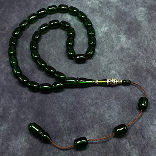 EXCLUSIVE COLLECTION -Handmade Silver Engraved Bakelite Tesbih, Tasbih, Islamic Rosary, Islamic Prayer Beads, Misbaha (8x12 mm 33 Forest Green Beads) - color: 8x12 mm 33 Forest Green Beads