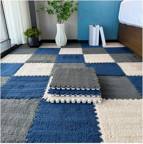 FYYSJW 10 Piece Plush Patchwork Foam Floor Mat, Soft Interlocking Floor Carpet Squares, Fluffy Puzzle Area Rug, 12 X 12 Inch,Navy Blue+Grey+Khaki - color: Navy Blue+grey+khaki