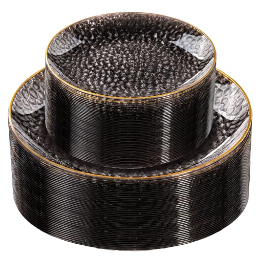 Rubtlamp 60Pcs Black Plastic Plates, Black Disposable Plates With Gold Rim, Clear Heavy-duty Party Plates, Hammered Plastic plates Include 30 Dessert Platos, 30 Dinner Platos for Party - color: Clear Black Gold