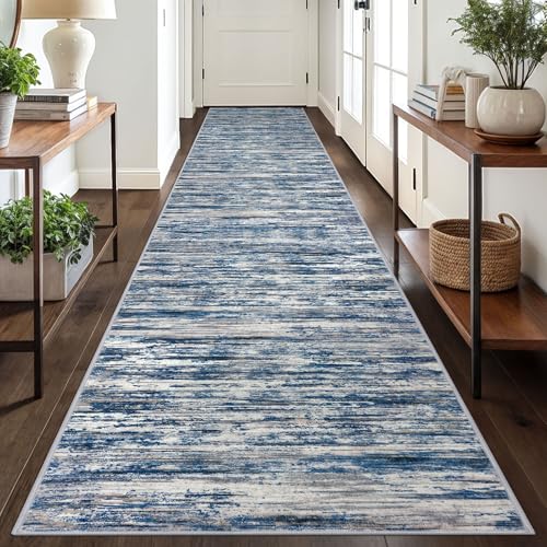 SIILOOM 2.6x18 Washable Runner Rug, Non Slip Area Rug for Hallway Kitchen - color: Navy Blue/Gray/Neutral/Multi, size: 2'7" x 18' (Runner)