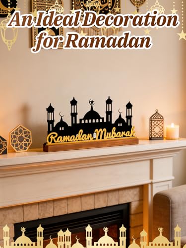 Enlarged 15.7in Metal Ramadan Mubarak Table Sign - Eid Decorations for Home, Black Palace with Gold Letters, Muslim Dinner Centerpieces for Islamic Gifts Parties Kitchen - style: Golden Letters