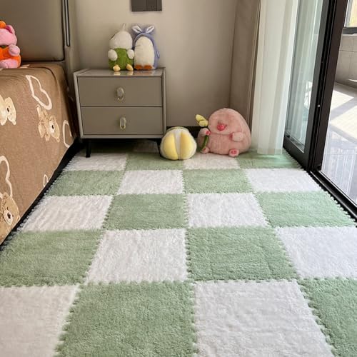 12pcs Carpet Squares Puzzle Floor Mat, Plush Interlocking Carpet Tiles, Anti Slip EVA Foam Jigsaw Floor Tiles, Build A Safe Area for Bedroom Playroom (Green+White) - color: Green+white