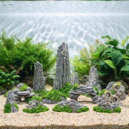 Veemoon 14 Pcs Miniature Rockery Ornaments, 1.69 Inch Grey Resin Stone, Fish Tank Aquarium Fairy Garden Bonsai Terrarium Landscape Decor