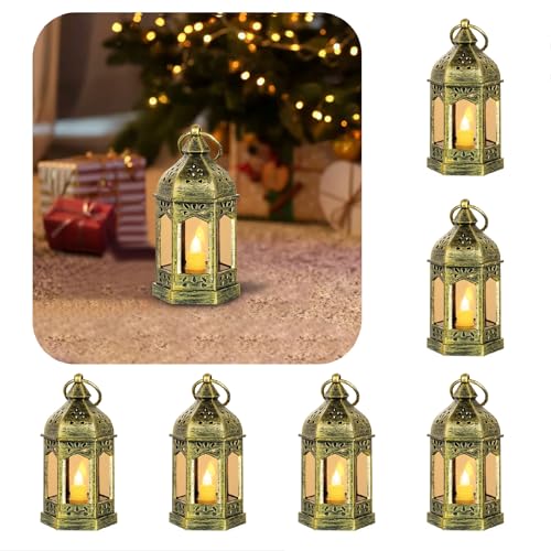 Mini Gold Lanterns with LED Candles, Set of 6 for Centerpieces - color: Gold