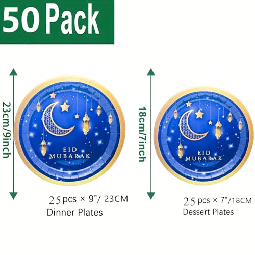 50Pcs Ramadan Eid Mubarak Party Supplies Bluk Ramadan Eid Mubarak Plates Set 9"Ramadan Dinner Plates 7"Blue and Gold Eid Mubarak Plates for Eid Al Adha Islamic Ramadan Birthday Decor Serves 25
