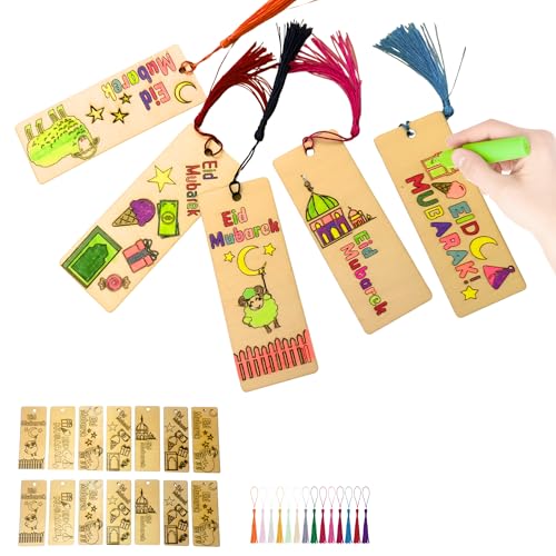 DIY Eid Al Adha Mubarak Wooden Bookmarks with Tassels, EID Gift Craft Activity for Kids and Adults Paint Your Own Islamic Design Set, 14 Pieces