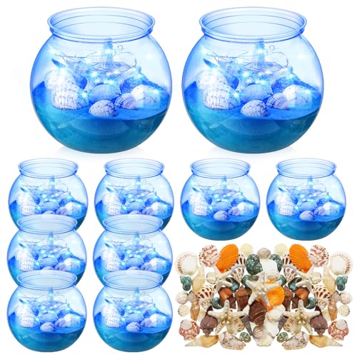 RoundFunny 12 Set 30 oz Beach Themed Party Table Centerpieces 4" Heavy Duty Round Plastic Fish Bowls Mixed Beach Natural Seashell Starfish with Blue Lights for Wedding Baby Shower Ocean Party Supplies