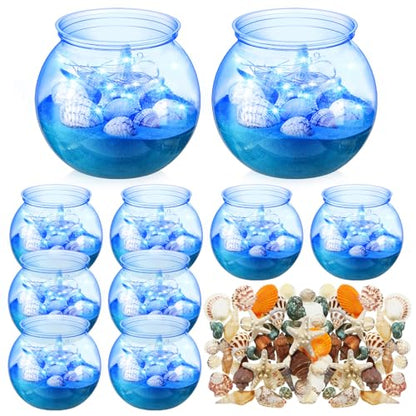 RoundFunny 12 Set 30 oz Beach Themed Party Table Centerpieces 4" Heavy Duty Round Plastic Fish Bowls Mixed Beach Natural Seashell Starfish with Blue Lights for Wedding Baby Shower Ocean Party Supplies