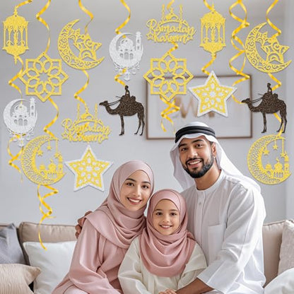 38PCS Ramadan Mubarak Decorations Umrah Mubarak Hang Swirl Star Moon Lantern Decor Sign for Eid Festival Muslim Islam Party Decoration Supplies