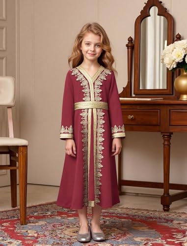 IWEMEK Abaya for Girls Muslim Prayer Dress Kids Islamic Dubai Eid Ramadan Clothes Wedding Saudi Arabic Kaftan Dress with Belt - color: Burgundy, size: 3-4T