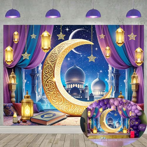 Eid Mubarak Banner Backdrop 8x6FT Purple Islamic Muslim Lantern Moon Star Castle Ramadan Photography Background Eid Mubarak Party Decorations Eid Al Fitr Party Supplies - size: 8x6FT：96'x72'