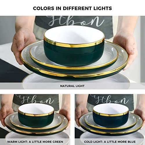 Pokini Porcelain Dinnerware Sets, 12 Piece Luxury China Plates and Bowls Sets, Green Dishes Set Gold Rim for Wedding Anniversary Birthday, Modern Dinner Plates Set - color: Green