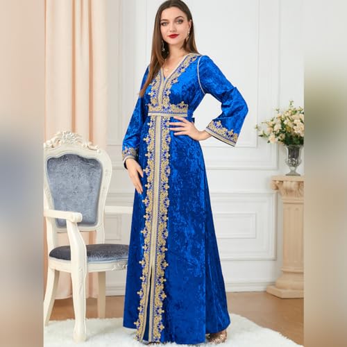 IDOPIP Muslim Women Velvet Dress Embroidery Abayas Long Sleeve V-Neck Moroccan Maxi Kaftan Dubai Robe Arabic Islamic Clothing - color: Royal Blue, size: Medium