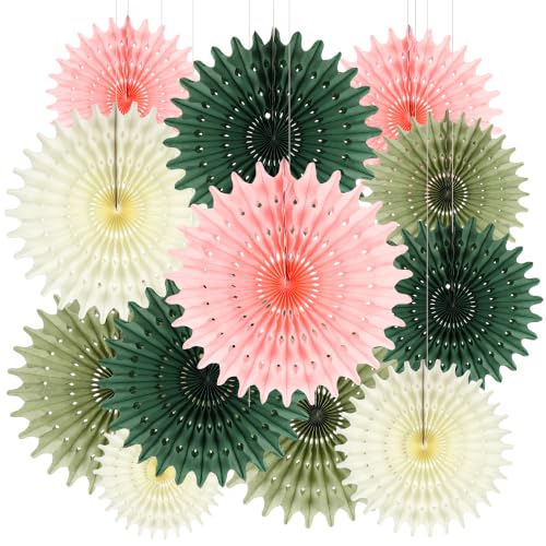 BestoFun 12PCS Pink Sage Green Hanging Paper Fans Decoration – Thin Tissue Paper Honeycomb Fan Ornaments, Hanging Fans for Wedding, Birthday, Baby Shower, Home & Party Décor - color: Pink Green