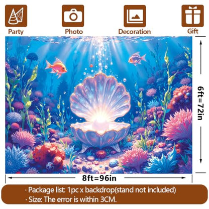 8x6 FT+9x4.5 FT Mermaid Backdrop Tablecover Set Under The Sea | Underwater Ocean Scene with Giant Shell Pearl,Party Decorations,Coral Fish Aquarium Background,Birthday,Baby Shower,Card - size: 8x6 FT+9x4.5 FT