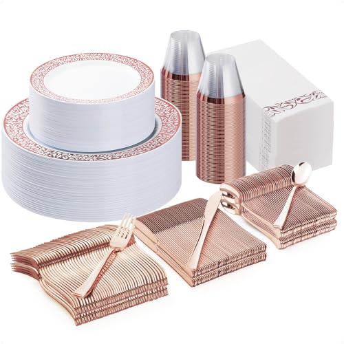 Bestluck 350 Pcs Rose Gold Plastic Dinnerware Set for 50 Guests - color: Rose Gold, size: 50 Guests Set