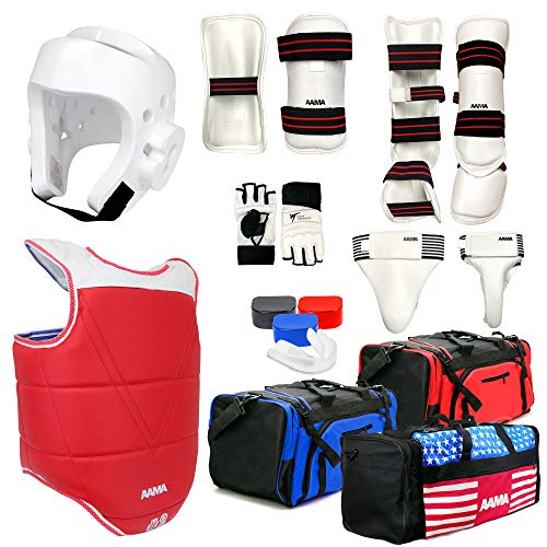 AAMA Complete Taekwondo Sparring Protective Gear Equipment Set - Customizable - color: SET B White (Shin Instep + Hand)