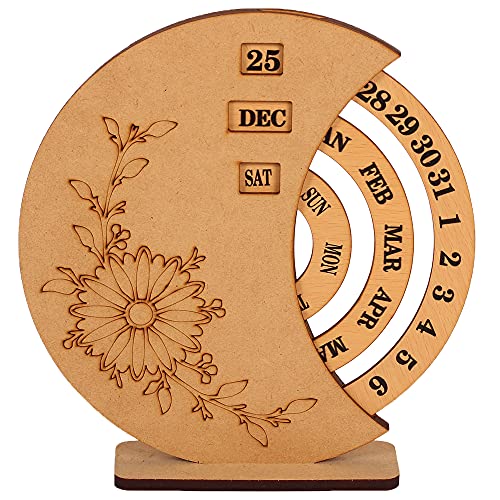 eTroves 8.5 Inch Perpetual Calendar Wooden Home and Office Desk Decor - Vintage Wooden Disc Perpetual Desk Calendar Brown