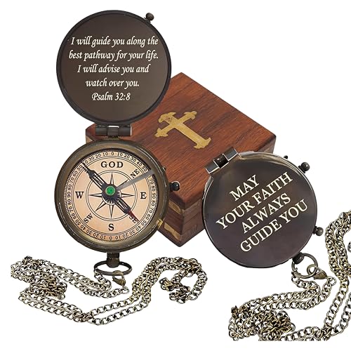 I Will Guide You Along The Best Pathway Paslm 32:8 Solid Brass Directional Engraved Compass, Baptism Gifts for Boys Girls, Gift for Men, First Confirmation Gift, Christian Gifts