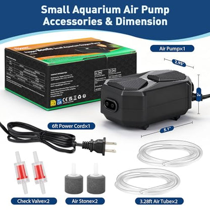 hygger Aquarium Air Pump, Ultra Quiet Oxygen Aerator with Air Stone Airline Tubing Check Valve, Aquarium Fish Tank Air Bubbler for 3 to 79 Gallon Tank and Bucket - size: Medium