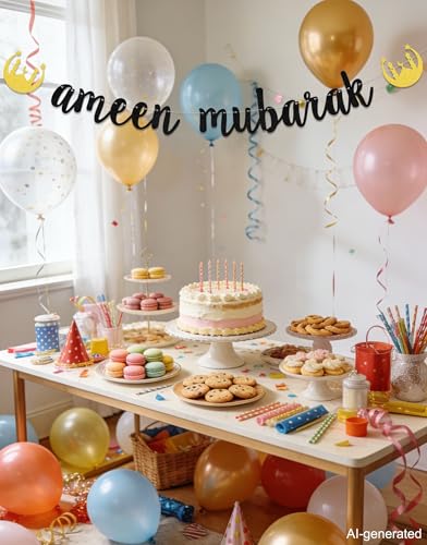 Ameen Party Decorations - Ameen Mubarak Banner - Eid Muslim Islam Party Decoration Black Glitter