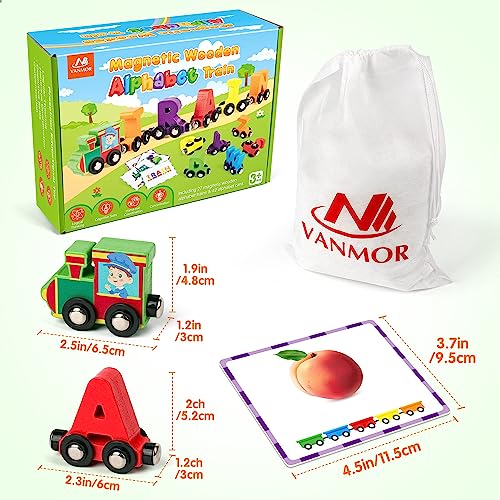 Vanmor 자석 나무 알파벳 기차 세트 27개 | ABC 글자 학습 장난감 기차, 플래시 카드 42개, 엔진 1개, 보관 가방 1개 | 유아 어린이 남아 여아 교육용 장난감 만 3 4 5 6 7세 - style: 알파벳 기차