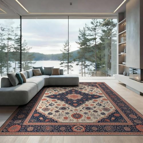 9'x12' Beige Navy Blue Warm Boho Medallion Washable Area Rug - color: Beige/Pattern 7, size: 9' x 12' (Rectangular)