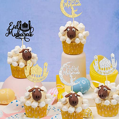 24 Pack Cupcake Toppers - Moon Star Happy Eid Mubarak Cupcake Picks - Islamic Muslim Theme - Ramadan Kareem Eid Party Cake Decorations - color: Gold-2