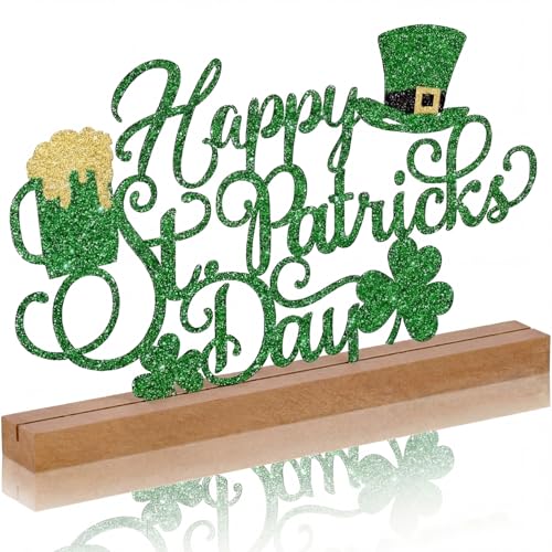 Yaocom 13.78 Inch St Patricks Day Decorations Metal Happy St Patricks Day Irish Shamrock Table Sign Decor with Wooden Base Lucky Clover Leprechaun Centerpiece Gift Decorations for Home Office - style: St. Patrick’s Day