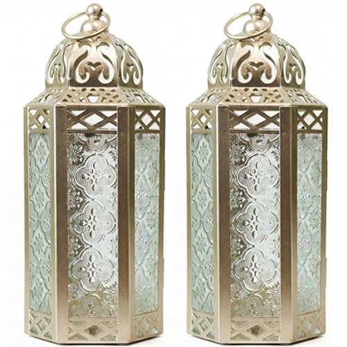 Vela Lanterns Decorative Indoor Moroccan Candle Holder, White Gold, M, 2PK