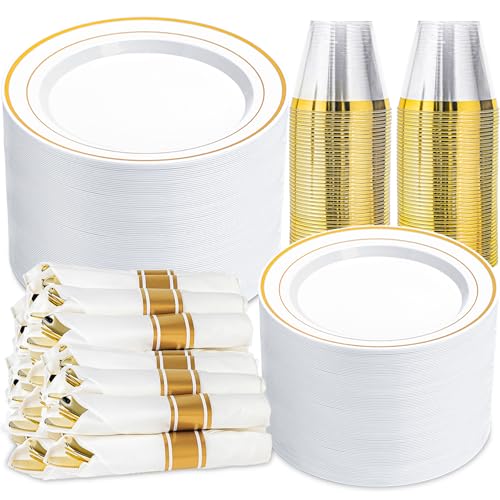 350 PCS White and Gold Plastic Dinnerware Set for 50 Guests - color: Gold, size: 350 PCS